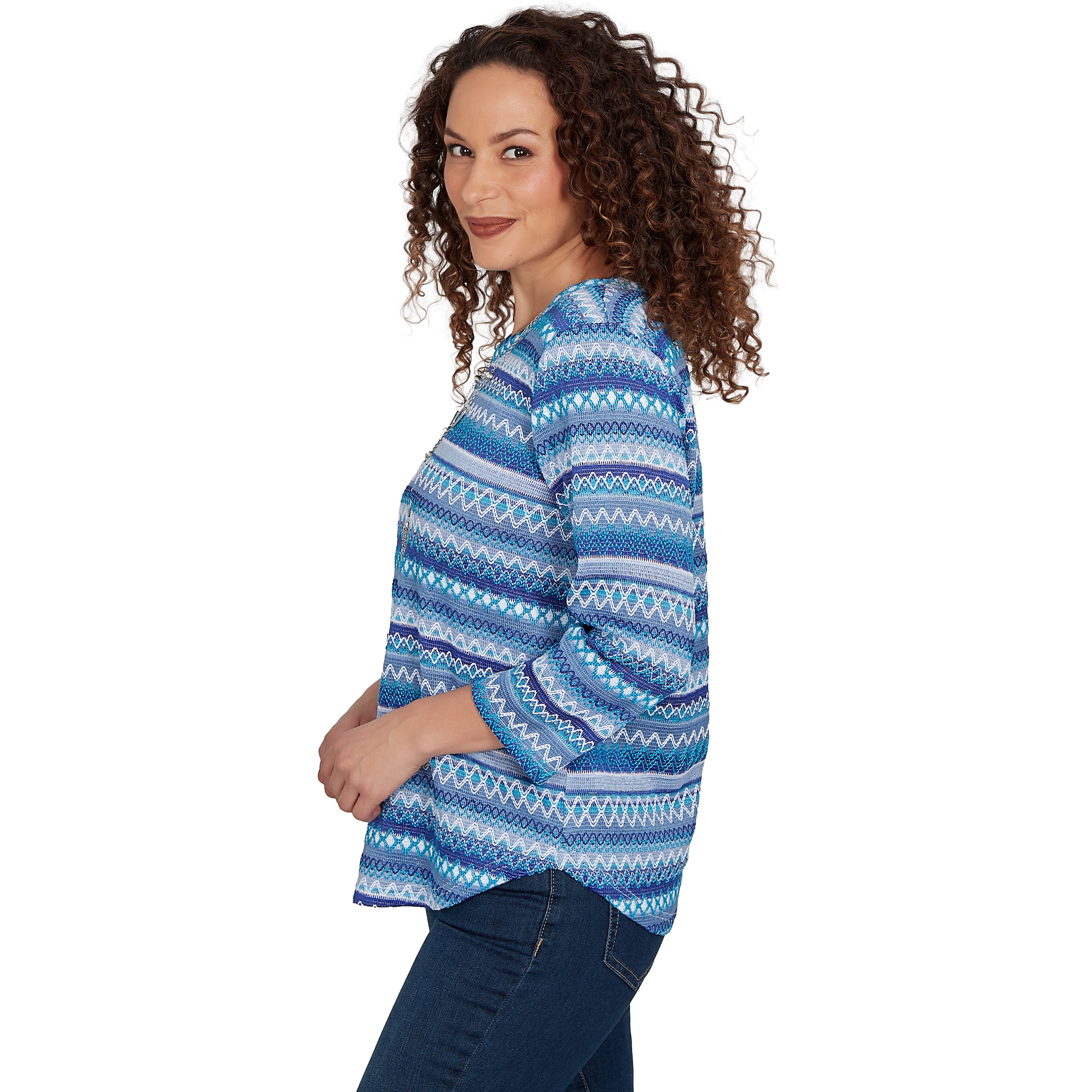 Alfred Dunner Textured Stripe Knit Top with Necklace - Blue