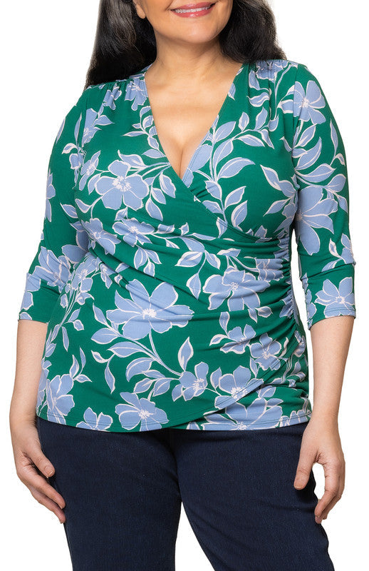 Femme Fatale Faux Wrap Top - Green & Blue Floral - Plus