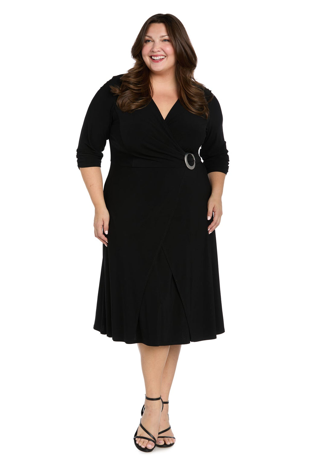 Midi Jersey Faux Wrap with 3/4 Sleeves-Black -Plus
