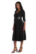 Midi Jersey Faux Wrap with 3/4 Sleeves - Black