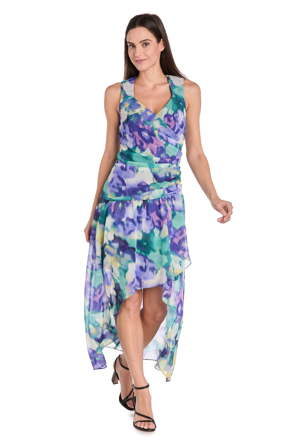 Printed Surplice Dress with Hi-Low Hem, Blue/Multi