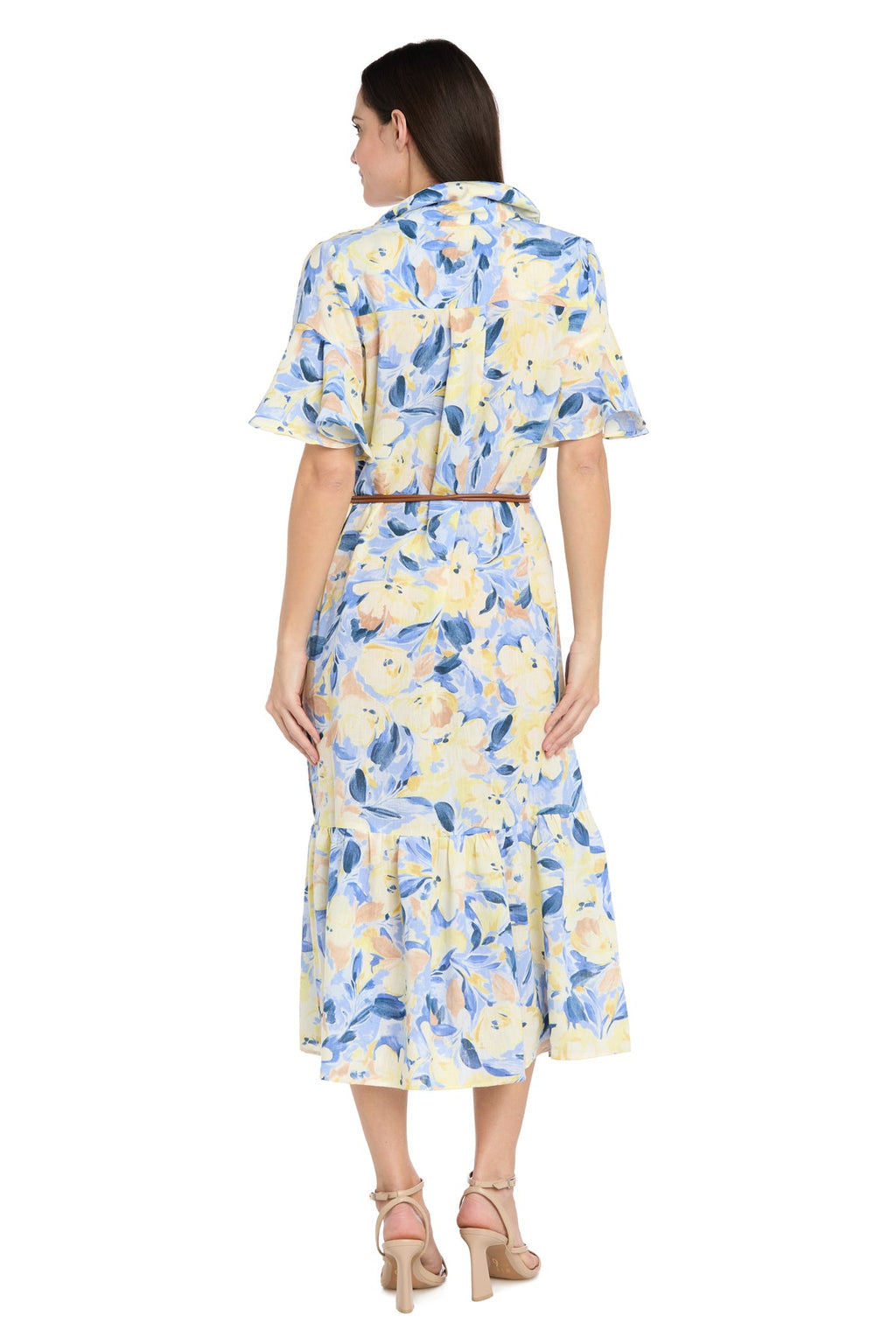 Printed Midi Shirt Dress with Bell Sleeve and Belt - Petite
