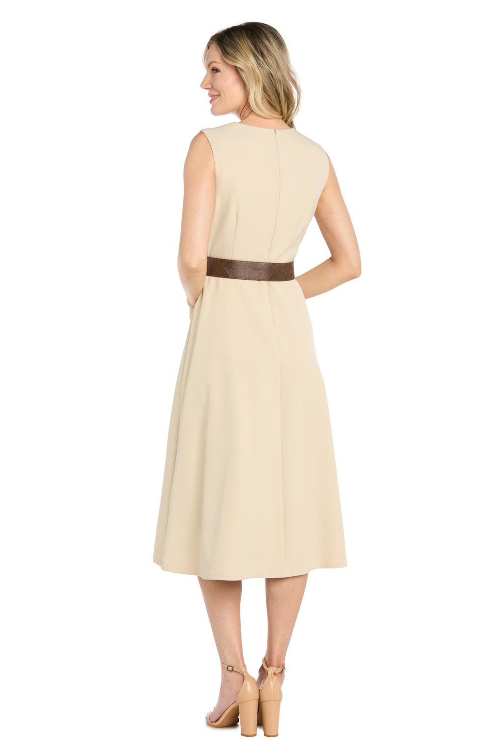 Stretch Twill Midi Dress with Split Skirt and Belt