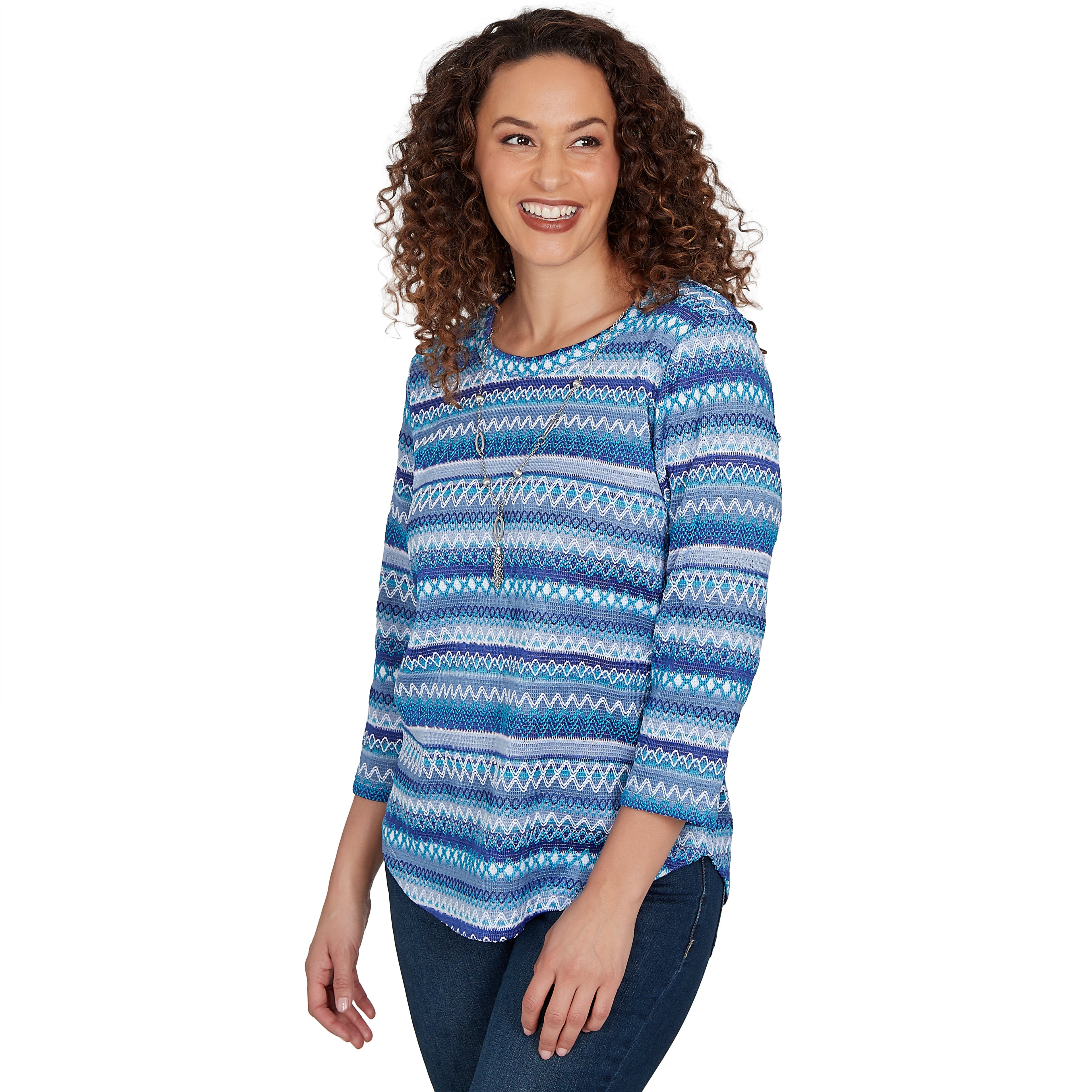 Alfred Dunner Textured Stripe Knit Top with Necklace - Blue